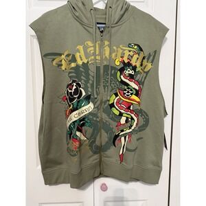 Ed Hardy Men's Y2K Sweatshirt Vest Olive Green Size XXL NWT